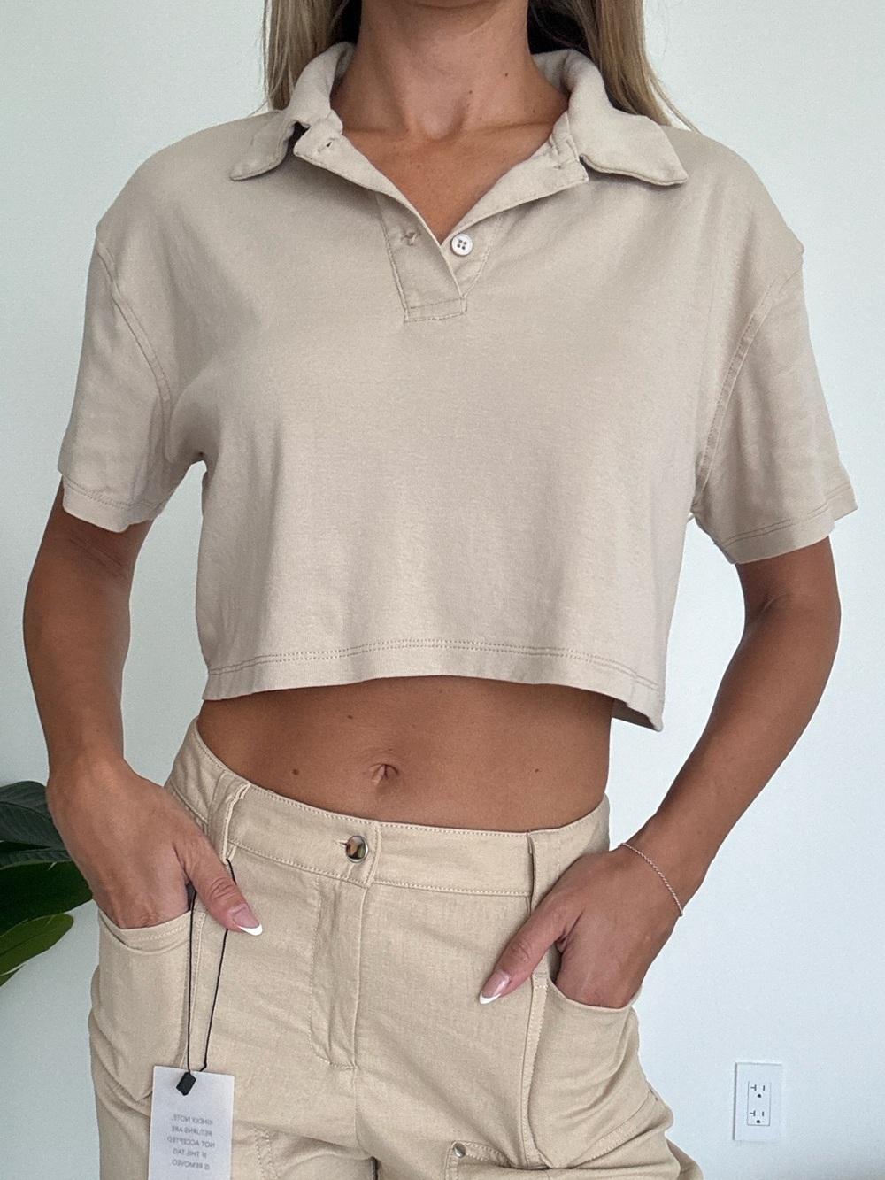 Cotto Neutral Beige Cropped Polo Top
